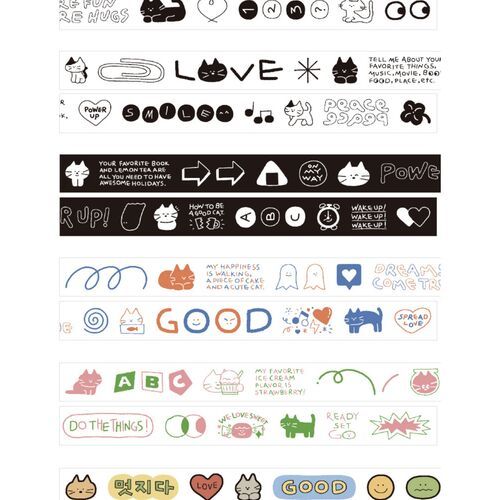 The image showcases a variety of black-and-white doodle illustrations and playful text designs, highlighting the tape's adorable, whimsical style.