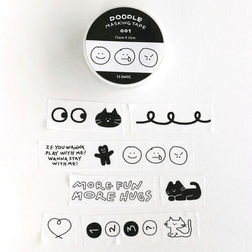 The image showcases a round container of Doodle Masking Tape with playful black-and-white doodle illustrations, alongside several strips of tape featuring cute characters and messages.