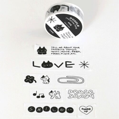 The image showcases a roll of Doodle Masking Tape with cute black and white doodle designs, accompanied by several peel-off sticker sheets featuring similar playful illustrations.