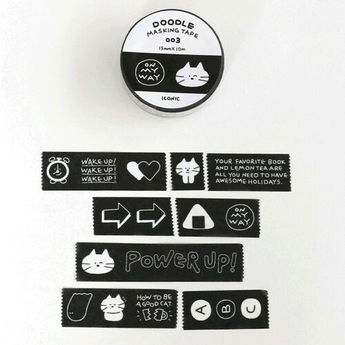 The image features a small, round container of Doodle Masking Tape with a monochrome label and various black and white doodle stickers laid out below it.