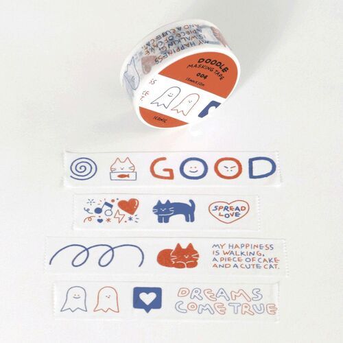 This image displays a roll of Doodle Masking Tape with a close-up of various cute doodle designs in red and navy, laid out on a white surface.