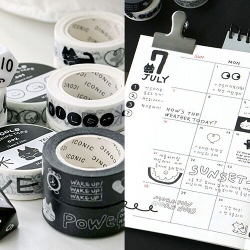 The image showcases colorful masking tapes with cute doodle designs and a playful calendar page decorated with similar whimsical illustrations.