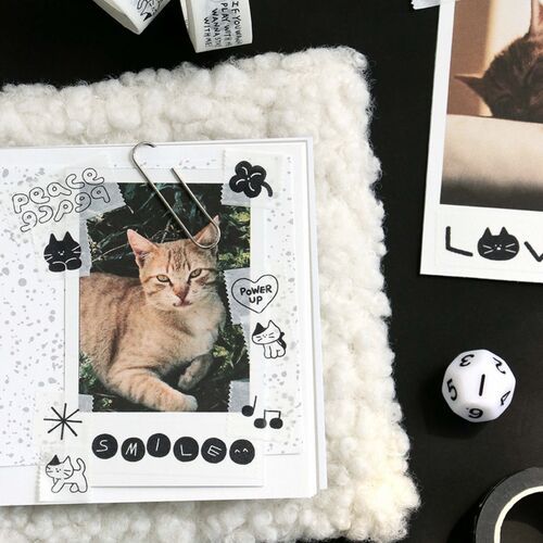 A playful scrapbook page features a cute cat photo surrounded by doodle stickers, with masking tape partially visible at the top.
