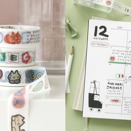 Stacked rolls of Doodle Masking Tape feature colorful, playful doodle designs with cute characters and vibrant accents, set against a soft background.
