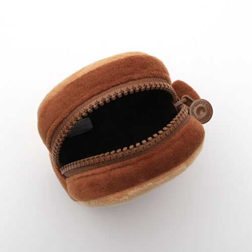A cozy, brown-toned mini toast pouch with a soft, plush exterior, partially unzipped to reveal a dark interior, attached to a black metal keyring.