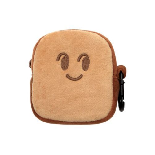 The mini toast pouch features a soft, plush exterior with a smiling face, showcasing its cute, cushioned design and secure zipper closure.