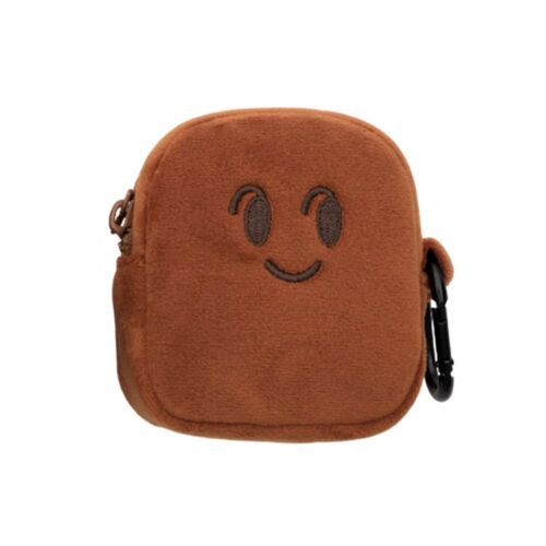 A cozy, brown toast-shaped pouch with a smiling embroidered face, attached to a black metal key ring, set against a plain white background.