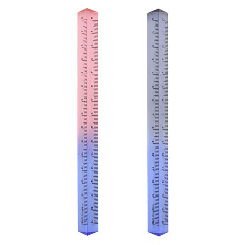 Vertical view of the transparent triangular ruler showcasing its gradient pink and blue hues, with clear measurement markings visible.