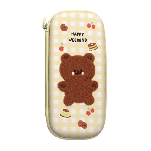 The pen case features a cheerful yellow gingham background with a plush, textured bear patch and colorful fruit and dessert illustrations.