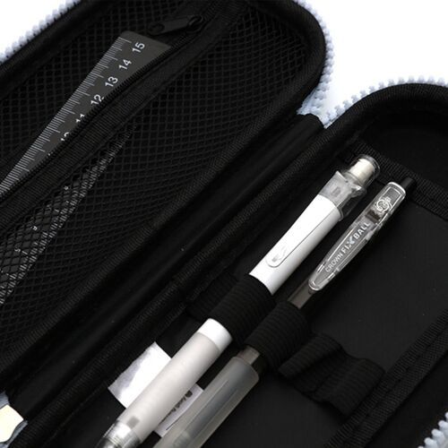 The black hard case features a textured surface with a visible zipper, interior mesh pocket, and elastic loops holding white and gray pens.