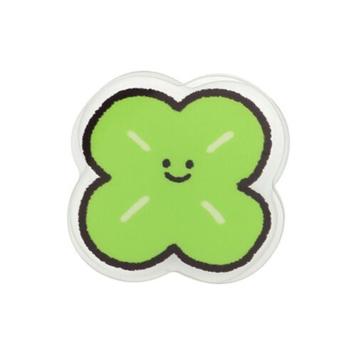 A cute, glossy acrylic magnet clip shaped like a cheerful green clover with a tiny smiling face, set against a plain white background.
