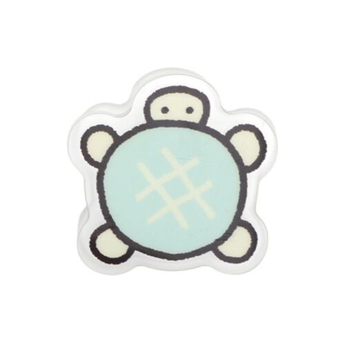 A cute, glossy acrylic magnet clip shaped like a cheerful turtle with a pastel blue shell and black outline details, set against a plain white background.