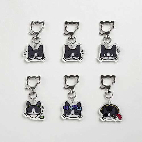 Six acrylic key rings featuring expressive tuxedo cat faces with playful expressions, arranged neatly against a plain white background.