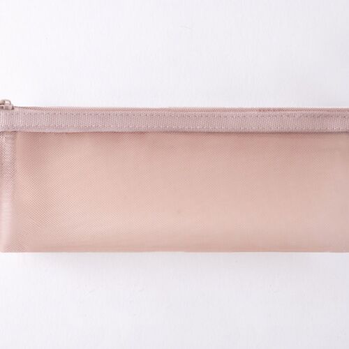A soft pink mesh pen pouch with a textured surface, zipper closure, and side loops, displayed against a plain white background.