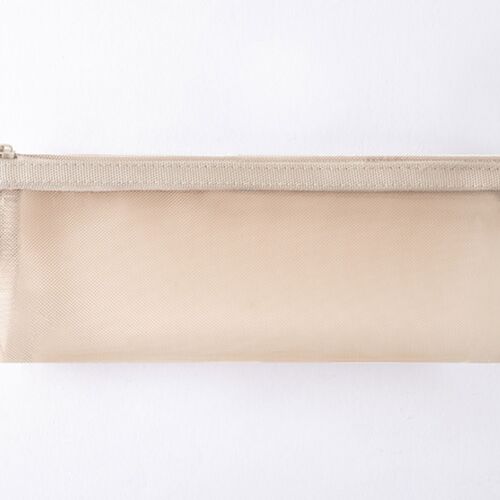 A minimalist, beige mesh pen pouch with a secure zipper, shown against a white background emphasizing its lightweight, breathable design.