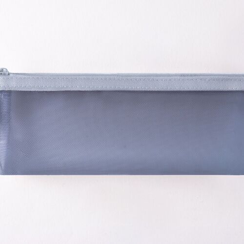 A sleek, light gray mesh pouch with a white zipper and fabric tabs on each side, set against a plain white background.
