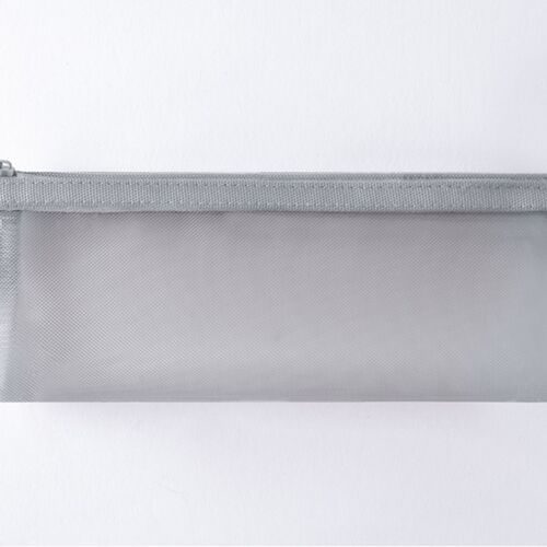 A sleek, semi-transparent gray mesh pen pouch with a secure zipper, shown against a plain white background, highlighting its minimalist design.