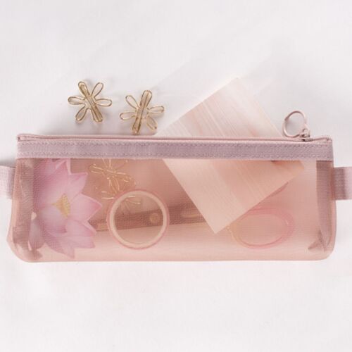 A soft pink mesh pen pouch with a secure zipper, featuring delicate flower-shaped clips and a glimpse of pink stationery inside.