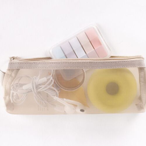 The mesh pouch is shown from a slightly elevated angle, revealing its beige color, semi-transparent texture, and neatly closed zipper.