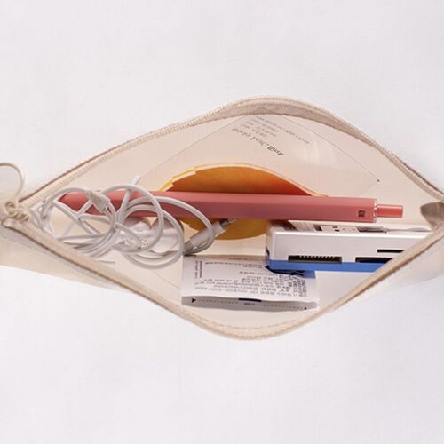 Inside the open mesh pouch, a pink pen, tangled white earphones, and a small white device are neatly arranged against a plain white background.