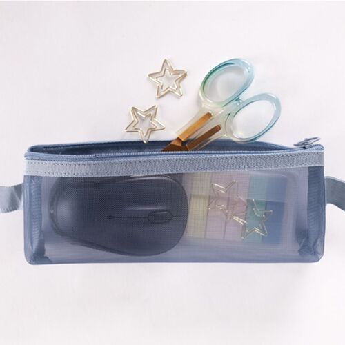 A light blue mesh pen pouch with a partially unzipped top, revealing colorful stationery inside, accented by two star-shaped paper clips and a pair of small scissors.