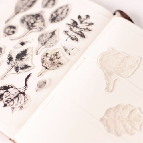 A close-up view of a journal page featuring pressed, semi-transparent leaf-shaped stickers alongside a sheet of detailed black-and-white botanical illustrations, highlighting delicate textures and natural motifs.
