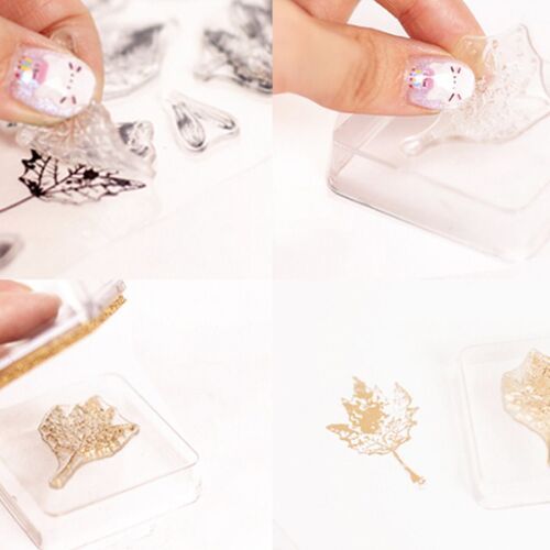 Hands demonstrate peeling, positioning, and stamping with intricate leaf and tree designs on clear silicone stamps, highlighting ease of use.