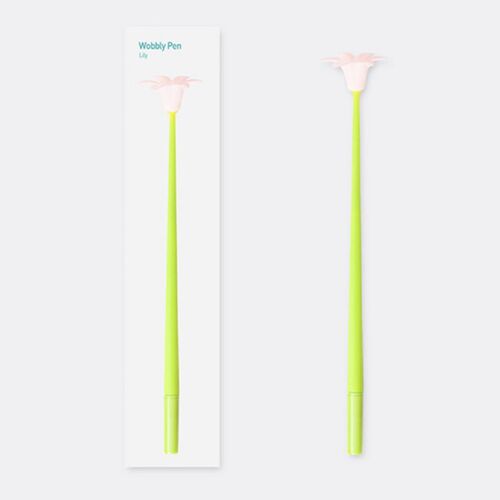 A vibrant lime-green wobble pen with a delicate pink flower head, displayed upright on a sleek white background, emphasizing its playful design.