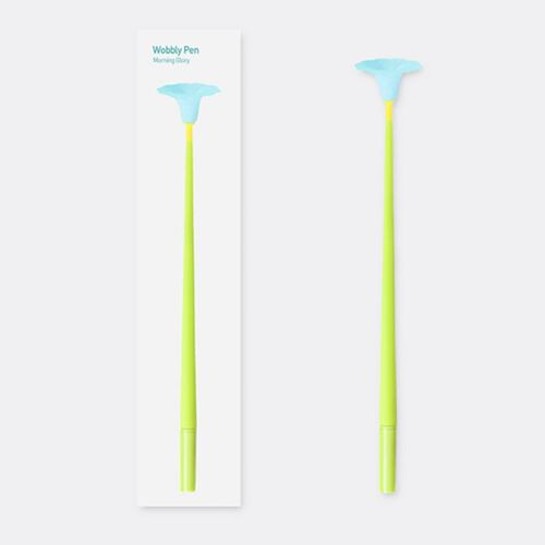 A cheerful lime-green silicone body with a playful wobble, topped by a translucent pastel blue flower head, set against a plain white background.