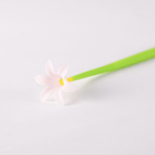 A delicate white flower with soft pink petals and a vibrant yellow center, attached to a bright green stem, set against a plain white background.