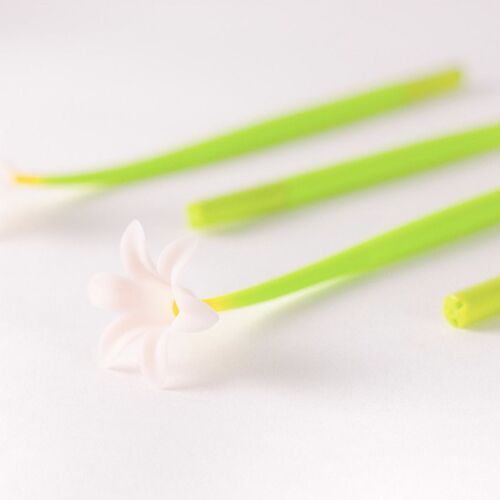 The image showcases three bright green, striped flower stems with delicate white flower heads, set against a clean, soft white background.