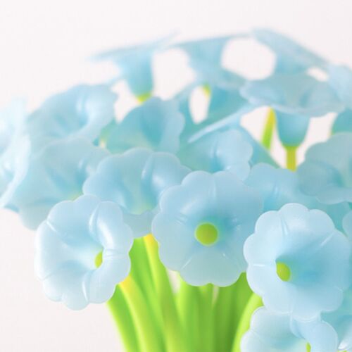 A cluster of soft, pastel blue hydrangea flowers with bright green stems, set against a clean white background, emphasizing delicate textures.