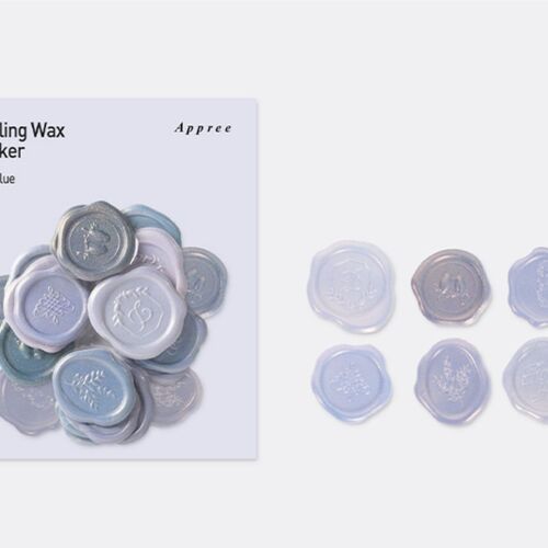 A neatly arranged collection of 18 self-adhesive sealing wax stickers in soft blue hues with embossed floral and text designs, displayed on a light background.