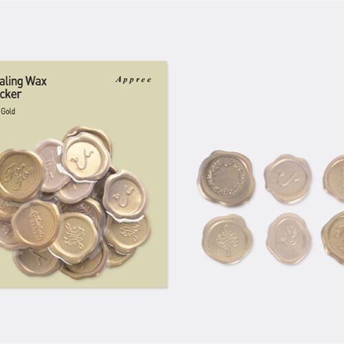 A neatly arranged display of six metallic wax stickers in gold and silver hues, showcasing intricate embossed designs on a plain background.