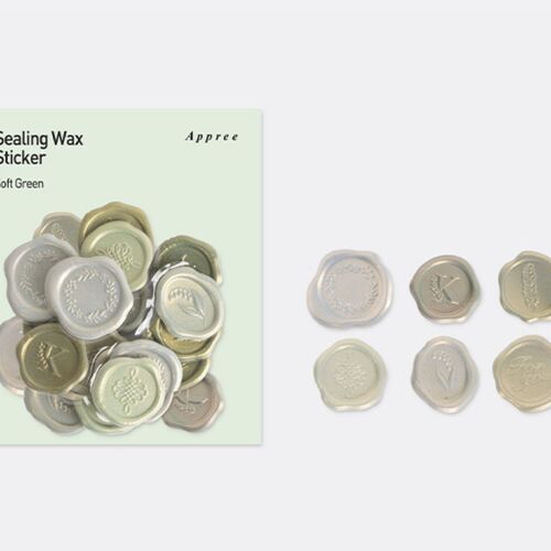 A collection of six pastel-colored sealing wax stickers arranged neatly on a light background, showcasing their glossy finish and embossed designs.