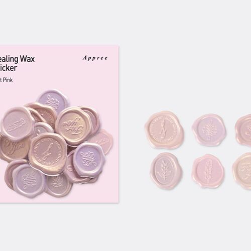 Soft pink sealing wax stickers with embossed floral and text designs, neatly arranged beside a pink product card on a white background.