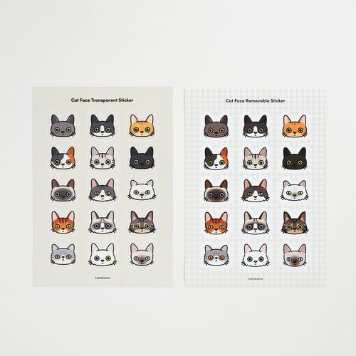 Two sheets of cute cat face stickers with vibrant colors and playful expressions, featuring both transparent and removable styles.