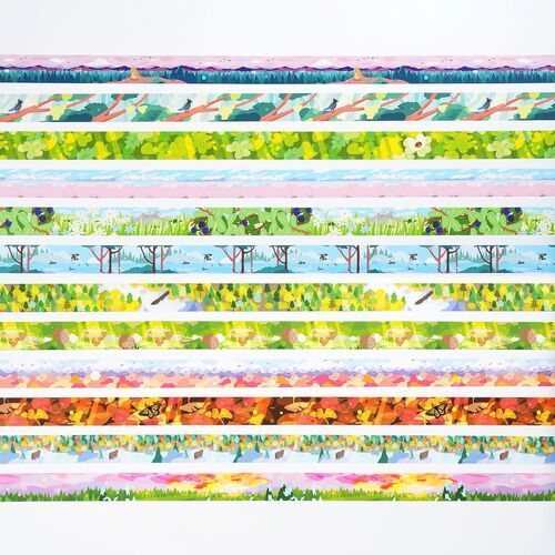 A collection of vibrant, colorful Seattle scenery masking tapes arranged in parallel strips, showcasing diverse seasonal landscapes and intricate designs.
