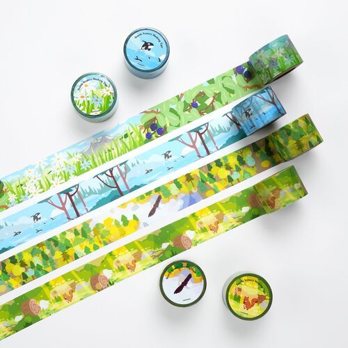 Colorful Seattle scenery masking tapes feature detailed illustrations of natural landscapes, cityscapes, and seasonal elements, arranged in vibrant strips.