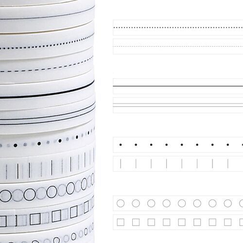 A close product view shows line, dot, dash, circle, and checkbox patterns arranged for quick comparison.