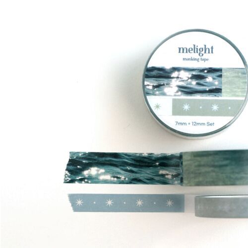 Shimmering Ocean packaging features blue water imagery and matching star-patterned strips in two complementary widths.