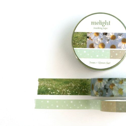 The Flower Field roll displays meadow greenery and daisy imagery beside its coordinated pale green accent tape.
