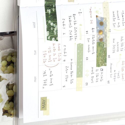 The tape is shown on a planner page, where pale green strips mark dates and add a gentle decorative border.