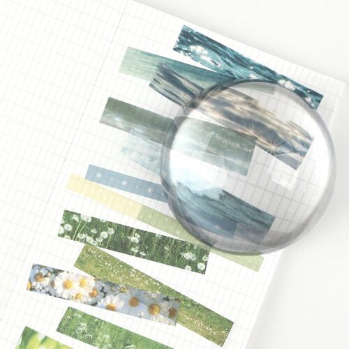 The final sample layout combines meadow photographs, daisy details, wave textures, and narrow star-patterned accents.