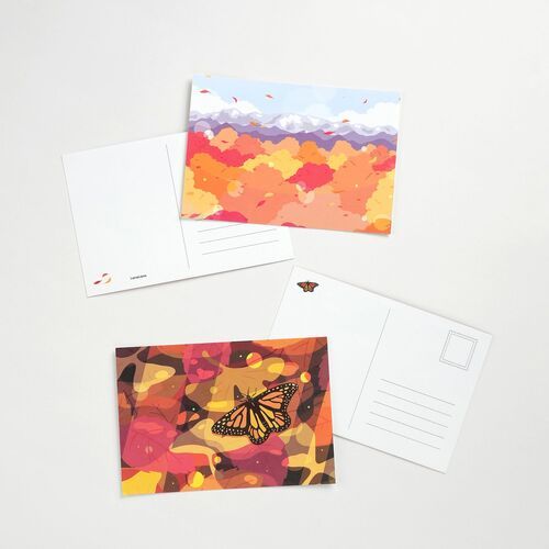 Forest waterfall and squirrel illustrations are paired with clean postcard backs for notes, addresses, and stamps.