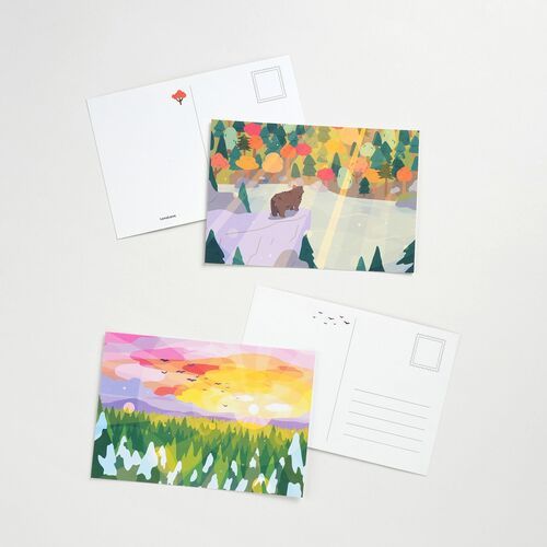 Autumn mountain scenery and a butterfly design offer warm seasonal color while their backs provide lined writing space.