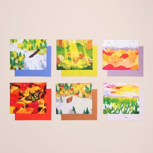 Twelve seasonal Seattle Scenery styles are shown in a grid, with each printed front paired with a coordinating solid reverse.