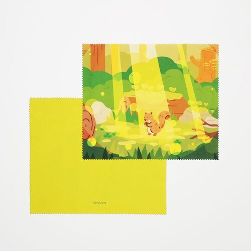 The woodland design includes a squirrel among sunlit trees, with a vivid yellow reverse visible beneath the printed side.