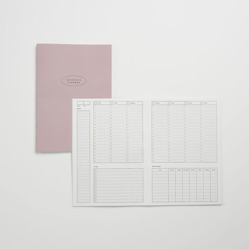 The Dusty Rose cover is shown beside a weekly spread with hourly columns, a To-Do list, and a Goal Tracker.