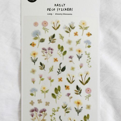 A full view reveals the individual flower and foliage stickers arranged across one white sheet beneath the printed design name.
